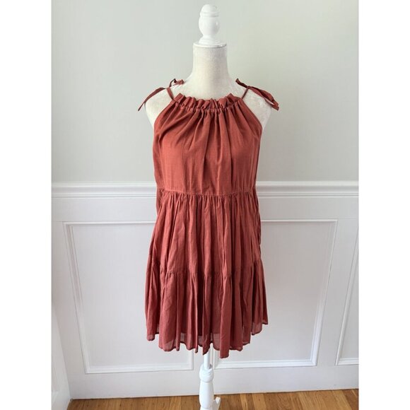 J. Crew Tie Shoulder Tiered Mini Dress XS Burnt Orange Cotton Blend - Picture 3 of 7